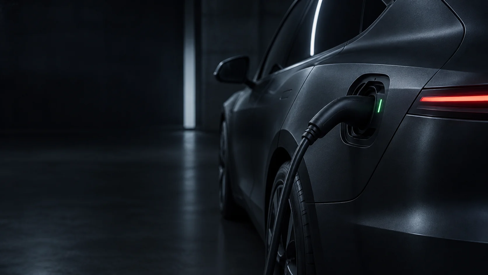 Illustrative close-up of an electric car connected to a charging cable